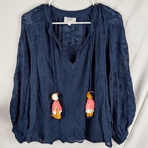 Johnny Was Jade Rosanna Top Blouse Navy Blue Tassels Embroidered Boho M